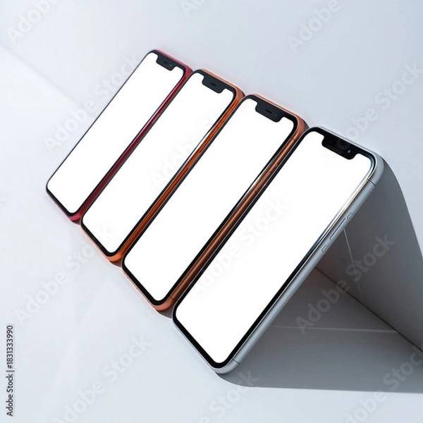 Fototapeta Diagonal row of contemporary mobile phones with empty white screens for UI UX design presentation mockup on a minimalist light surface with hard shadows