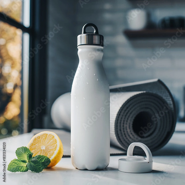 Fototapeta A white reusable water bottle with fresh lemon and mint leaves on a table, with a rolled-up yoga mat in the background for a healthy lifestyle concept