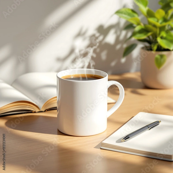 Fototapeta A quiet morning scene with a steaming white mug of hot coffee on a wooden desk next to an open journal and book in soft sunlight