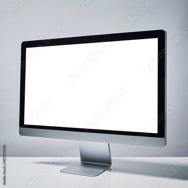 Fototapeta Studio shot of a modern all-in-one desktop computer with a blank white screen for mockup purposes against a gray background