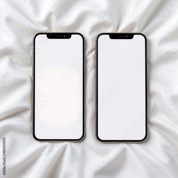 Fototapeta Elegant flat lay of two modern mobile devices with blank white screens for mockups, resting on a luxurious white satin background