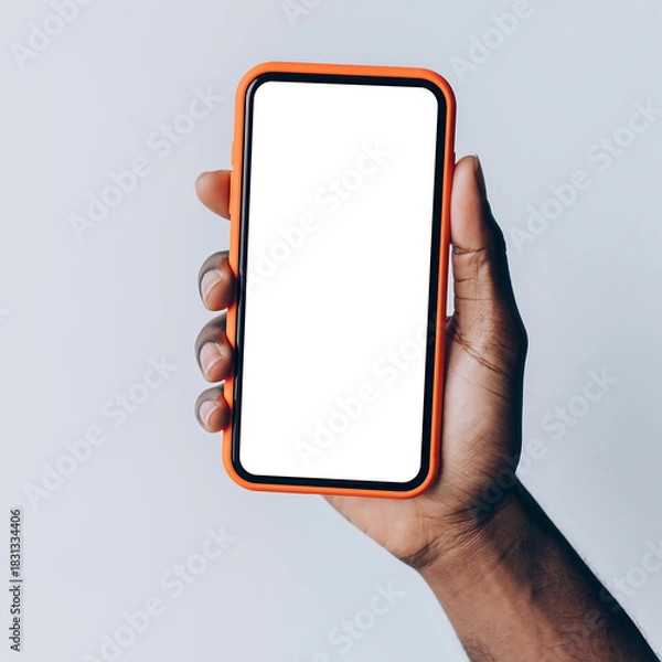 Fototapeta A person's hand holding a modern smartphone with a blank white screen, ideal for digital mockups and advertising