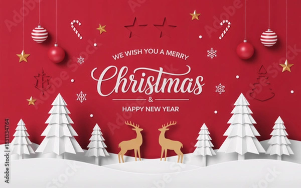 Fototapeta Festive christmas and new year scene with ornaments and reindeer on a red background