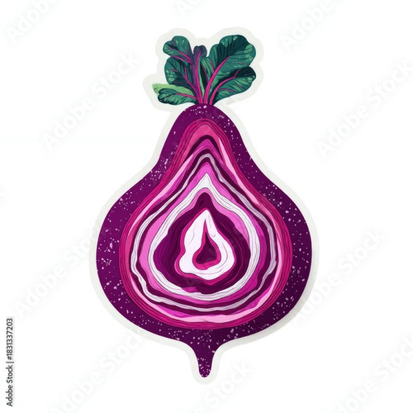 Fototapeta Stylized cross-section of a beet with leafy greens on a striped background