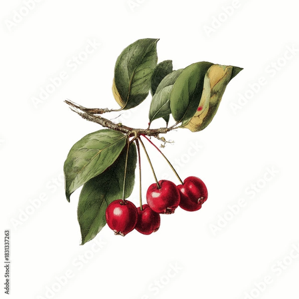 Fototapeta Vintage illustration of a branch with red berries and green leaves on a muted green background