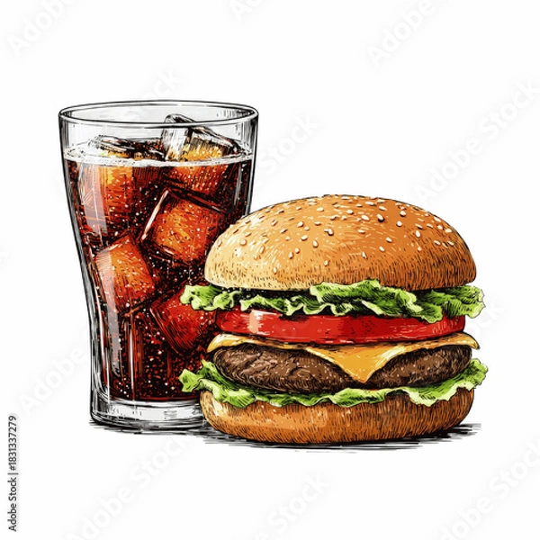 Fototapeta Hand-drawn illustration of a classic hamburger and a glass of cola with ice