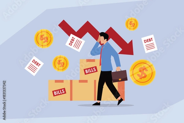 Obraz Stressed Businessman Dealing with Debt, Bills, and Financial Crisis with Downward Graph 2d flat vector illustration