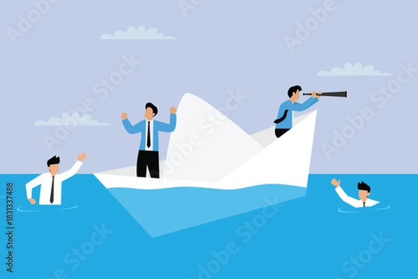 Obraz Business Leadership and Strategy: Navigating Risk in a Paper Boat 2d flat vector illustration