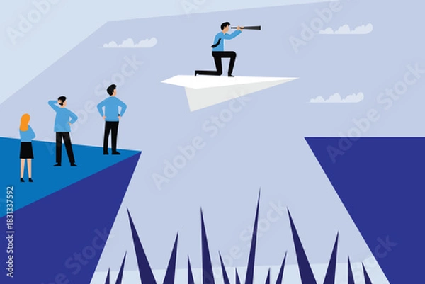 Obraz Visionary Leadership and Future Strategy: Paper Plane Over Chasm 2d flat vector illustration