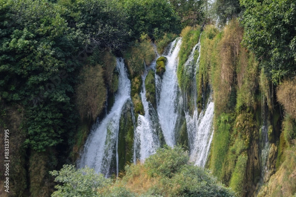Obraz A peaceful waterfall cascading over moss-covered rocks surrounded by dense greenery, creating a refreshing and serene natural landscape.