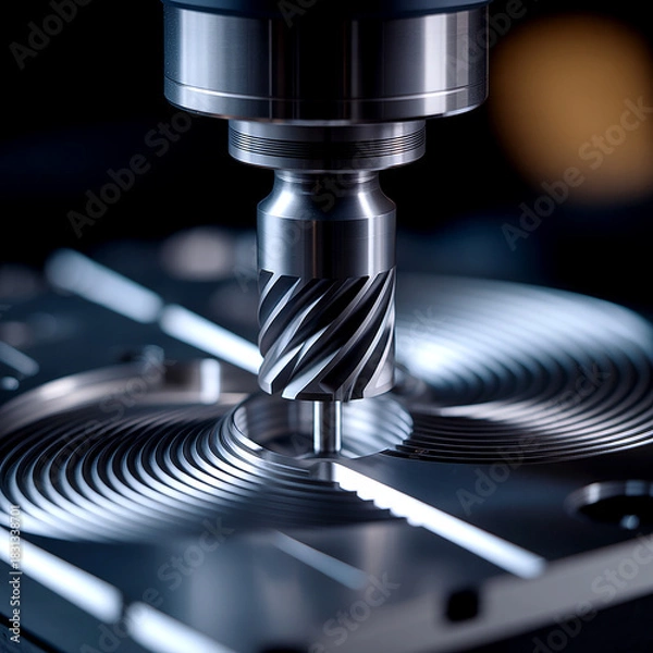 Fototapeta A CNC five-axis milling machine is precisely machining a metallic component on its table