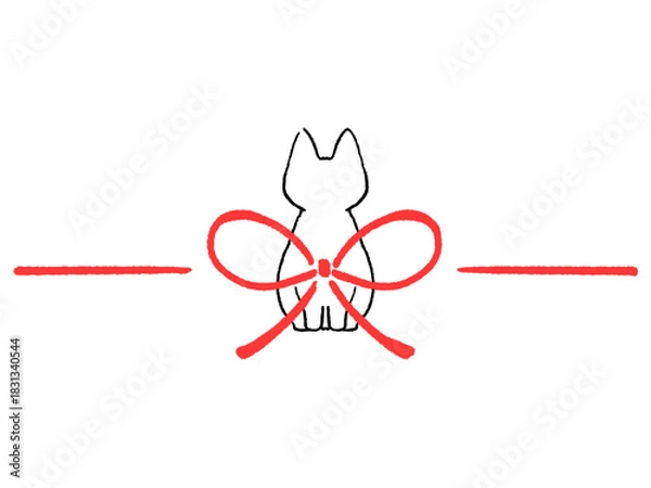 Obraz 赤い蝶結びとネコ　シンプルでかわいい　線画　イラスト