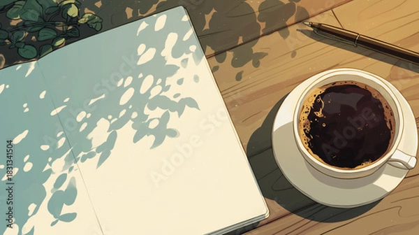 Obraz 朝のカフェテーブルと光と影のコントラストが美しいノートとコーヒーの手描きイラスト
