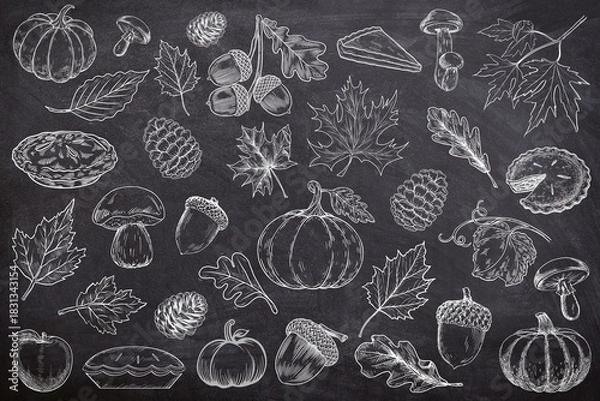 Obraz Autumn seamless set on black background. Sketch of autumn leaf, leaves, pumpkin, acorn, pine cone, maple leaf, pie, apple, mushroom, and oak on chalk board. Line art of autumn on black board
