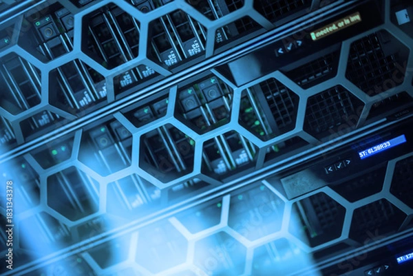 Fototapeta High-Tech Server Rack with Blue Lighting