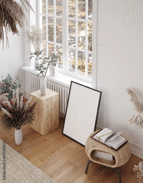 Fototapeta Canvas frame mockup in floral room, botanical design, 3d render