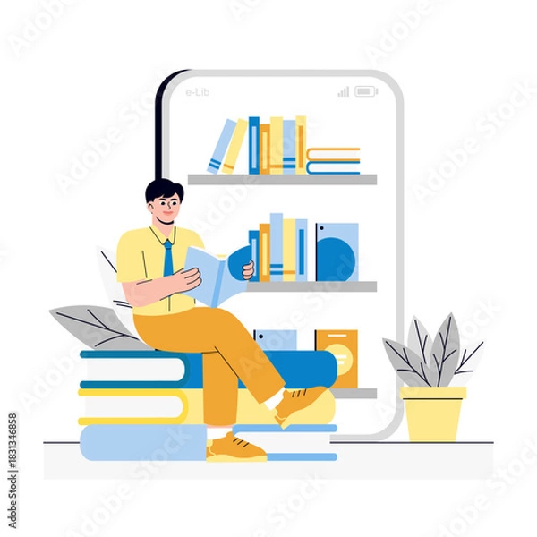 Obraz Young boy Online reading Illustration