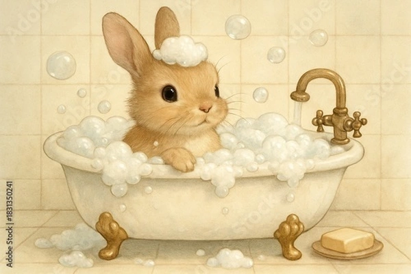 Obraz Happy Cartoon Easter Bunny Rabbit  Talking a Bubble Bath