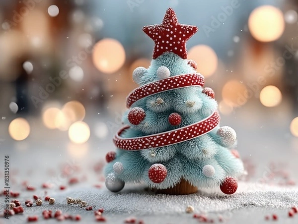 Fototapeta Dreamy Christmas Theme 3D Render: Light Blue Fluffy Tree with Red Polkadot Spiral Ribbon and Glossy Baubles on Snowy Confetti Ground, 8K