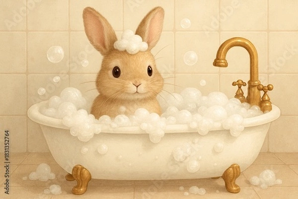 Obraz Happy Cartoon Easter Bunny Rabbit  Talking a Bubble Bath