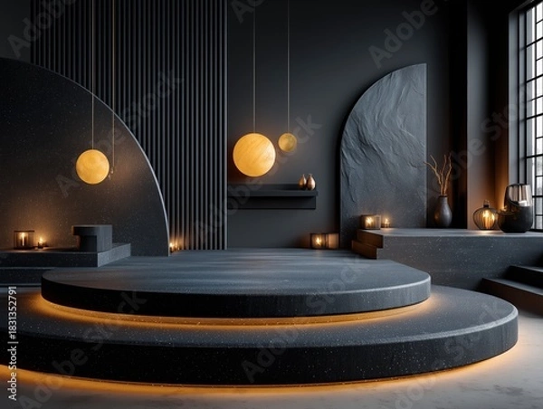 Fototapeta Luxury Minimalist Dark 3D Scene with Black Striped Columns, Frosted Wall Lamps and Starlight Display Platform, 8K Render