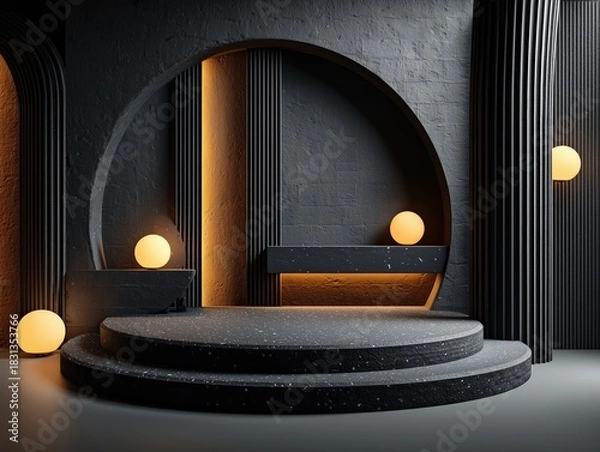 Fototapeta High-End Minimalist Dark Aesthetic 3D Scene: Black Striped Columns, Geometric Details with Glowing Frosted Wall Lamps and Starlight Platform, 8K Render