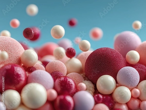 Obraz Soft Dreamy Multicolor Matte Sphere Composition 3D Render: Light Blue Gradient Background with Pink-Toned Spheres, Airy Floating Layout, 8K