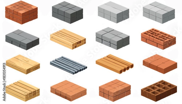Fototapeta Isometric illustration showcasing a variety of construction bricks, blocks, and building materials, perfect for architectural designs.