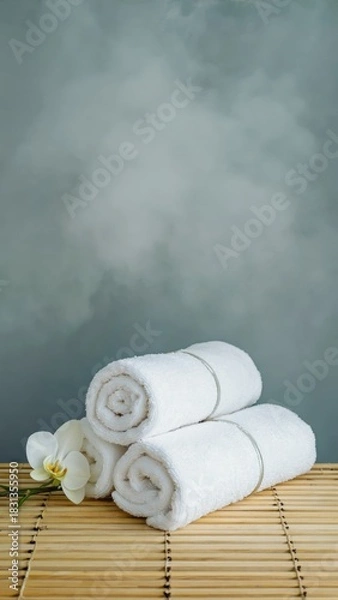 Obraz Spa towels stacked on bamboo mat with steam, wellness relaxation and massage concept, vertical 9:16 social media background