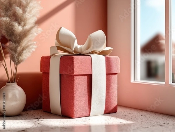 Fototapeta Minimalist Warm Gift 3D Scene: Red Box with White Satin Ribbon and Bow on Coral Pink Floor, 8K Render