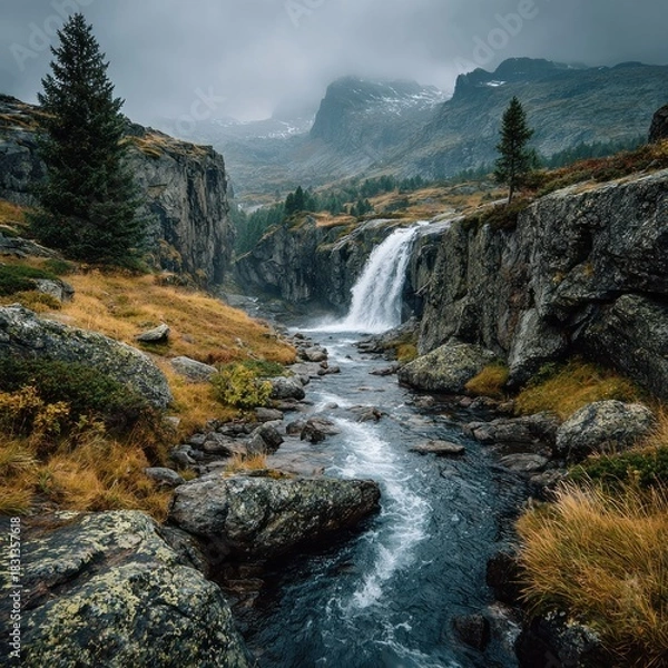 Obraz Waterfall cascading through rocky terrain under overcast sky