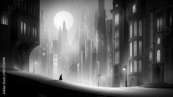 Fototapeta A lone figure walks down a street at night, illuminated by streetlights and a full moon, in a stylized cityscape.
