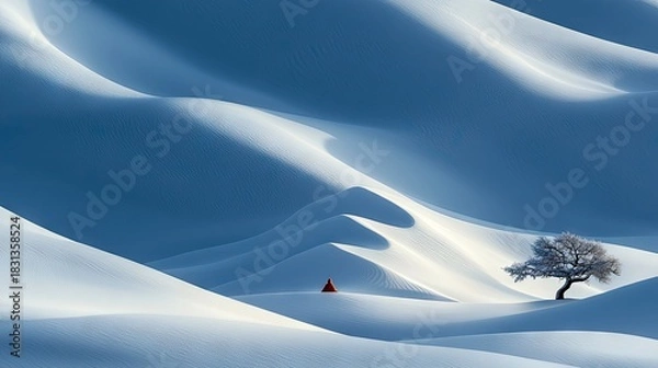 Fototapeta A lone person in a red cloak walks through a vast desert landscape with rolling white sand dunes. A single tree stands in the distance, bathed in dramatic light