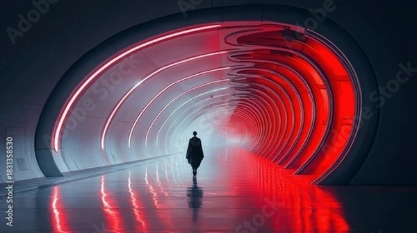 Fototapeta A lone person walks away in a futuristic tunnel with red and white neon lights. The environment is modern and reflective, creating a sense of mystery.