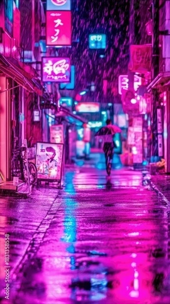 Fototapeta A person with an umbrella walks down a neon-lit alleyway in the rain at night. The scene is illuminated by vibrant pink and blue lights, creating a cyberpunk ae