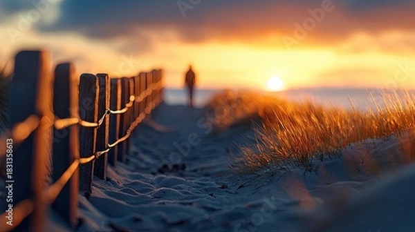 Fototapeta A person walks along a sandy path towards the sunset, with a wooden fence on the side and tall grass in the foreground.