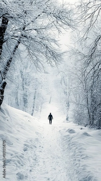 Fototapeta A lone person walks along a snow-covered path through a winter forest. The scene is enveloped in a cold, atmospheric mood with snow-laden trees.