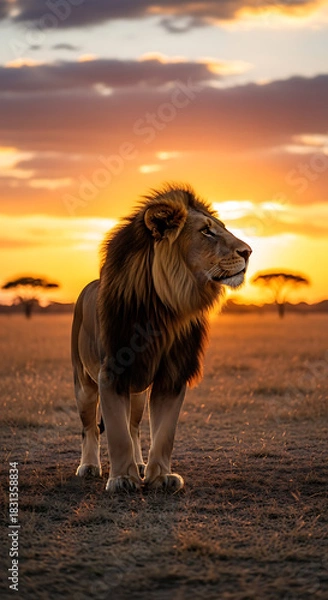 Obraz A lion standing in a field at sunset with trees in the background and a colorful sky above it