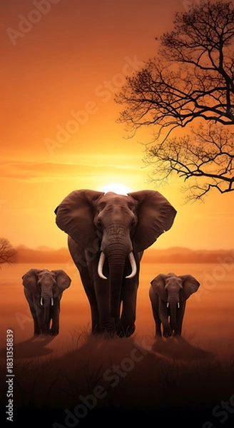 Fototapeta Three elephants walking at sunset with a tree in the background in a warm orange color scheme