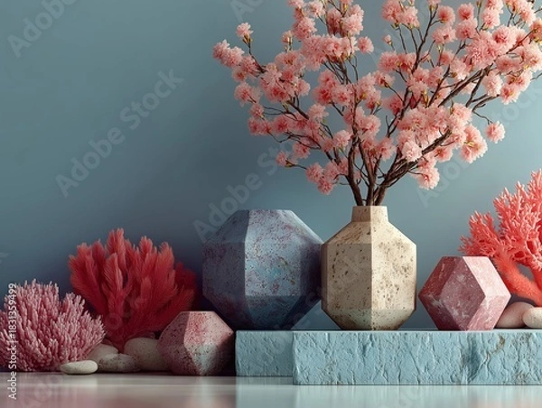 Fototapeta Modern Minimalist Underwater Coral 3D Scene: Pink Coral on Geometric Platform with Cyan Background, 8K Render