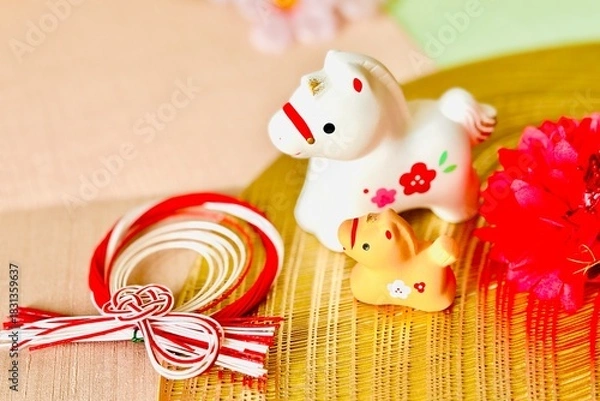 Obraz 午年の年賀状素材　馬の親子と迎春飾り