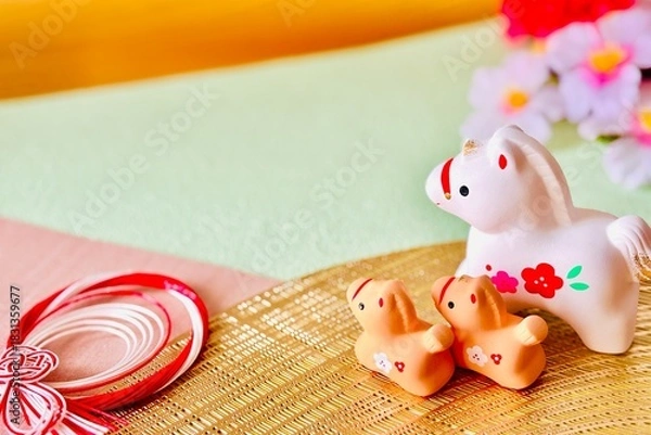 Obraz 午年の年賀状素材　馬の親子と迎春飾り