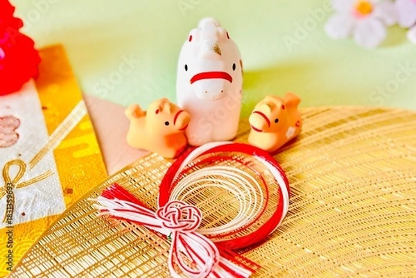 Obraz 午年の年賀状素材　馬の親子と迎春飾り