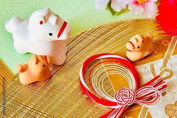 Obraz 午年の年賀状素材　馬の親子と迎春飾り