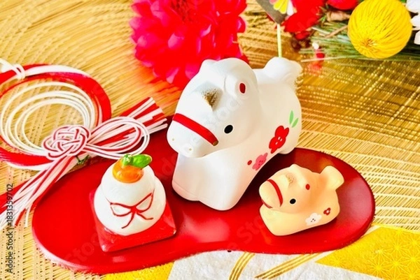 Obraz 午年の年賀状素材　馬の親子と迎春飾り