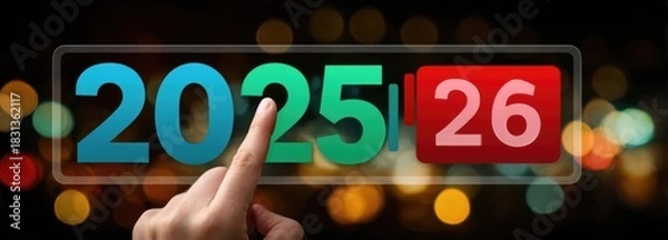 Fototapeta Hand pointing at digital display showing transition from 2025 to 2026. New year countdown concept with finger touching screen.	