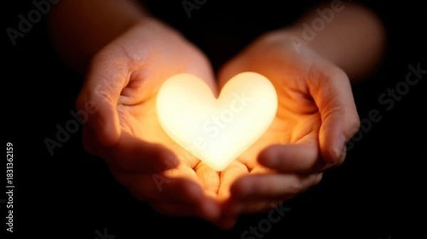 Fototapeta Hands holding glowing heart with warm golden light. Romantic love concept representing care and affection. Dark background highlighting the bright heart symbol.	