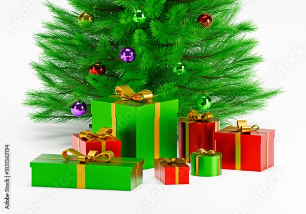 Fototapeta Decorated Christmas tree with presents for new year isolated on white background
