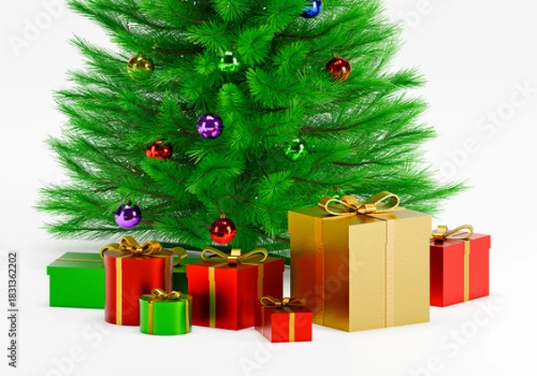 Fototapeta Decorated Christmas tree with presents for new year isolated on white background