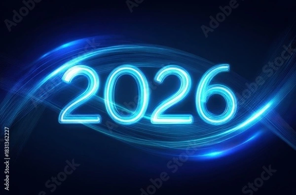 Fototapeta Glowing blue 2026 numbers with circular light trails on dark background. Futuristic new year celebration concept representing technology and innovation.	